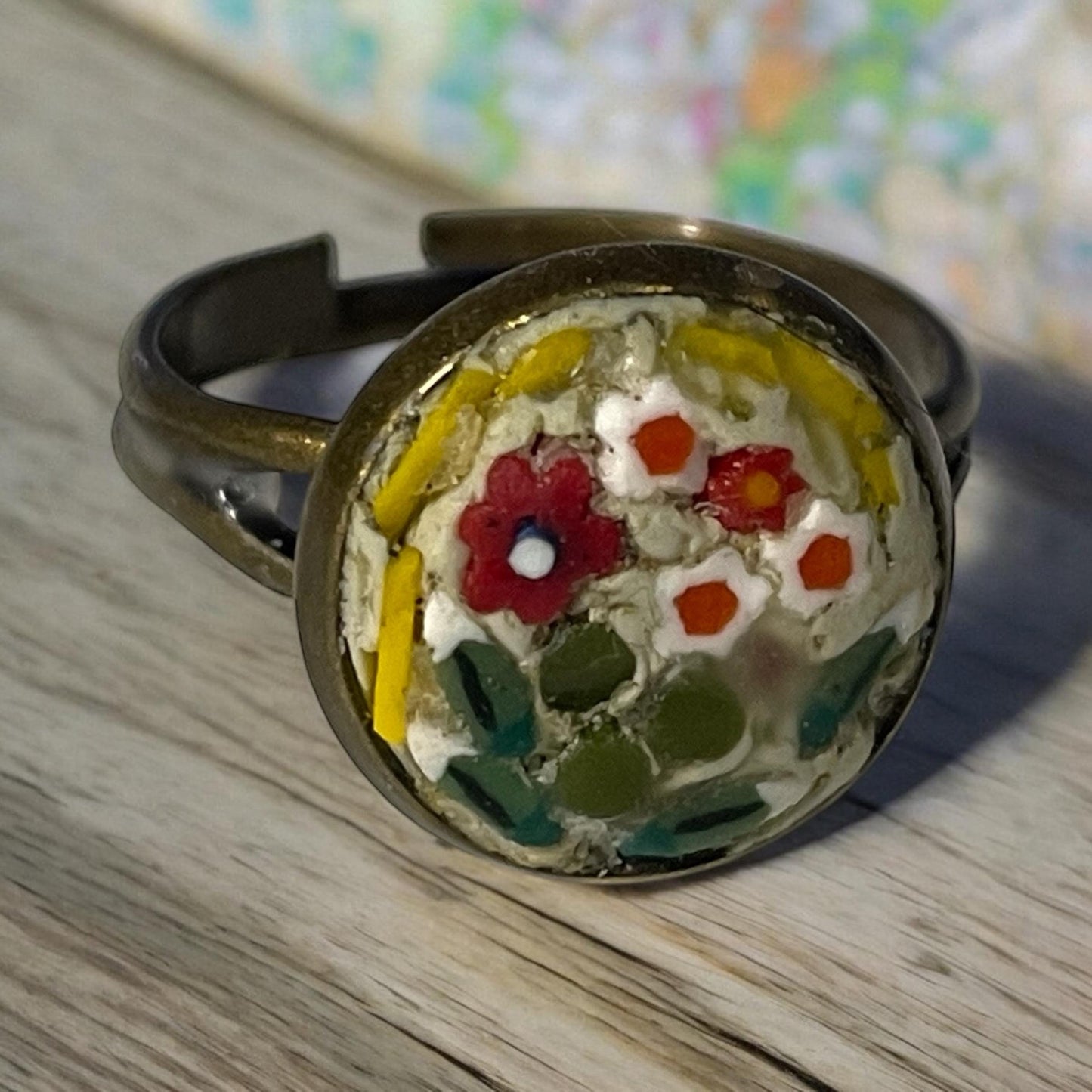 Handmade micro mosaic adjustable ring - Italian inspired - hand cut glass with millefiori flowers