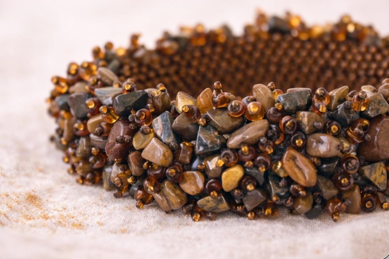 Chunky Brown Stone & Amber Colored Beaded Bracelet, Artisan Gemstone Cuff, Earth Tone Statement Jewelry, Wide Boho Beadwork Bracelet
