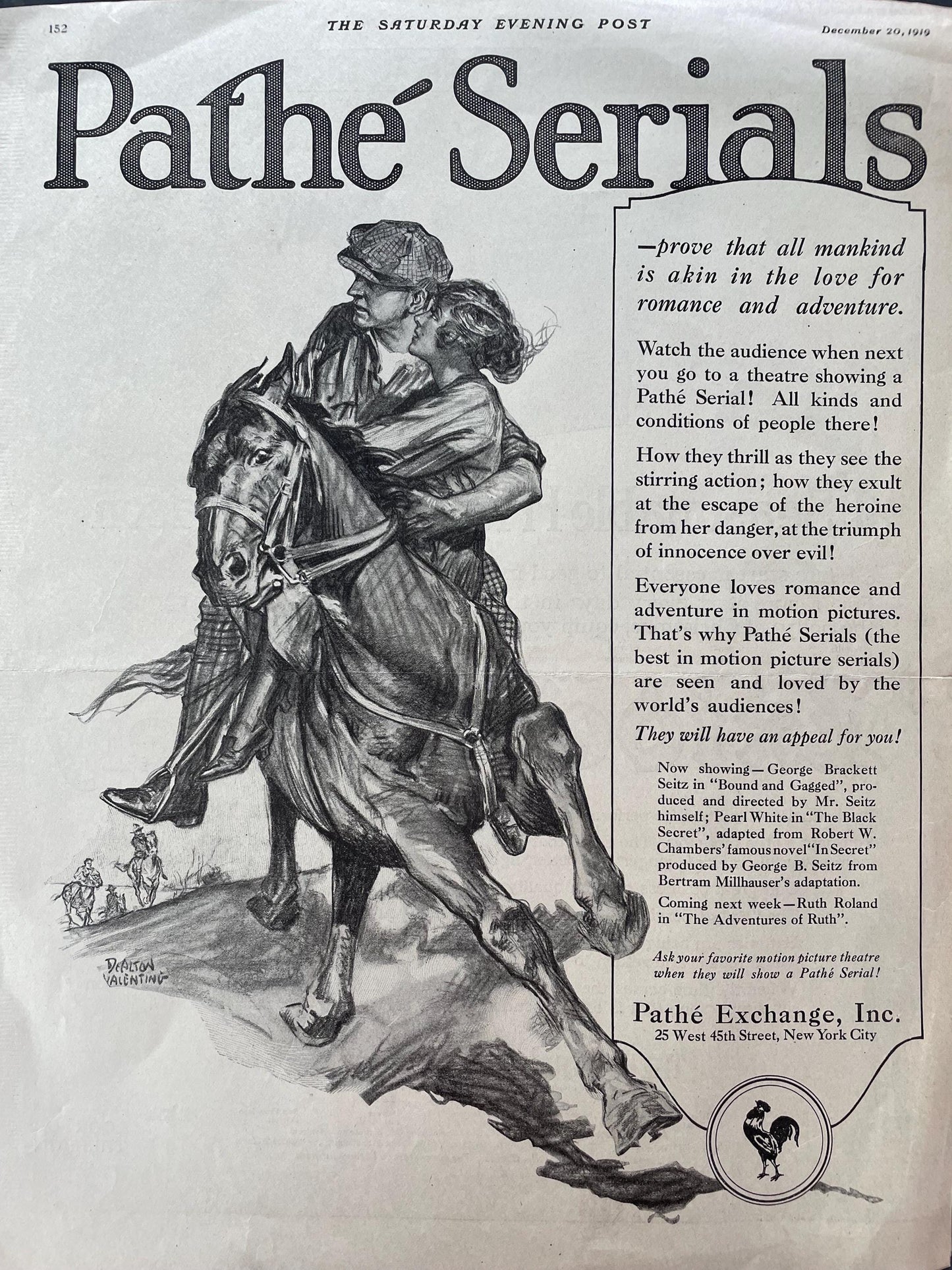 Original 1919 Saturday Evening Post Advertisement for the Pathe Silent Film Pathe Serials Movie - Dealton Valentine Art Ad - romantic ad