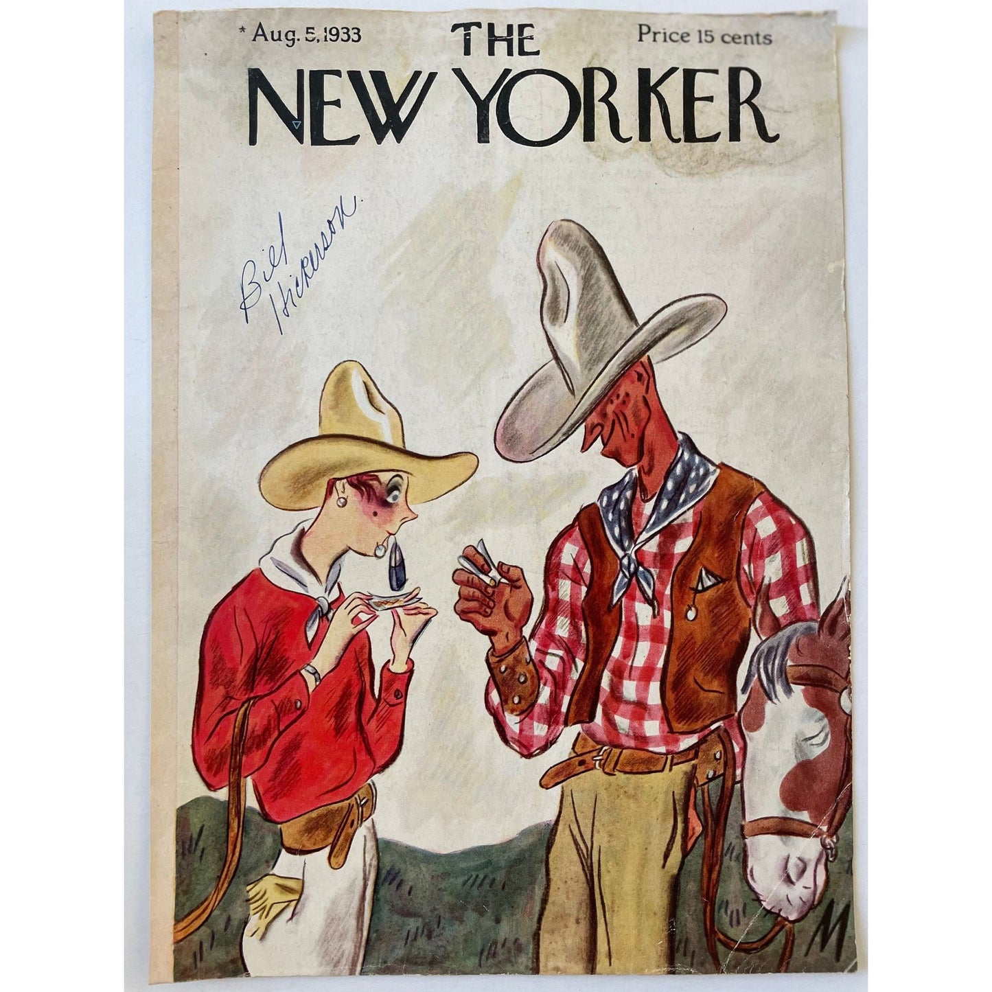 Very Rare, Very old NEW YORKER Magazine original cover - August 5, 1933 - cowboys/Western - Please read the description