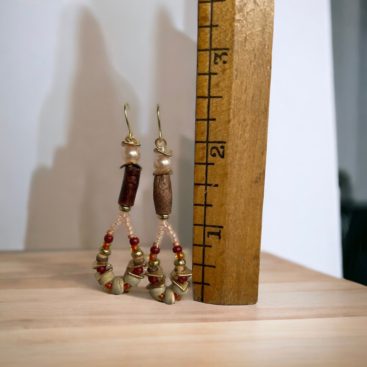 Hand beaded stunning dangle beadwork earrings - ombre shades of glass seed beads with wood, rippled metal spacers and pearls