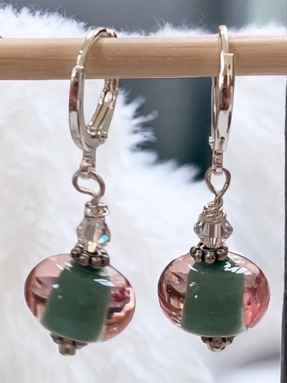 Stunning celadon green and clear glass huggie dangle earrings