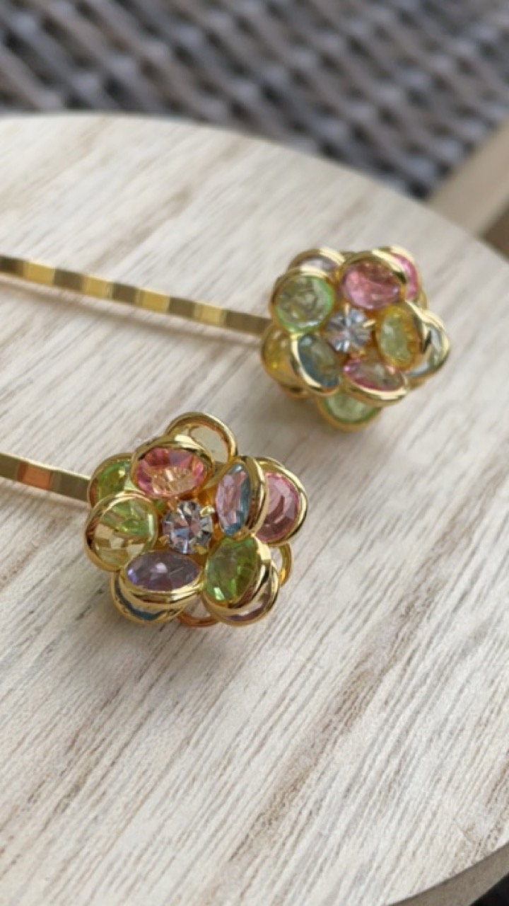 Stunning rhinestone and crystal floral hair pins, made with new and repurposed vintage elements - crystal flower hair accessories