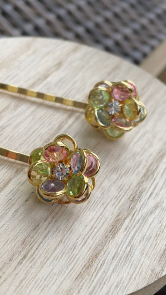 Stunning rhinestone and crystal floral hair pins, made with new and repurposed vintage elements - crystal flower hair accessories