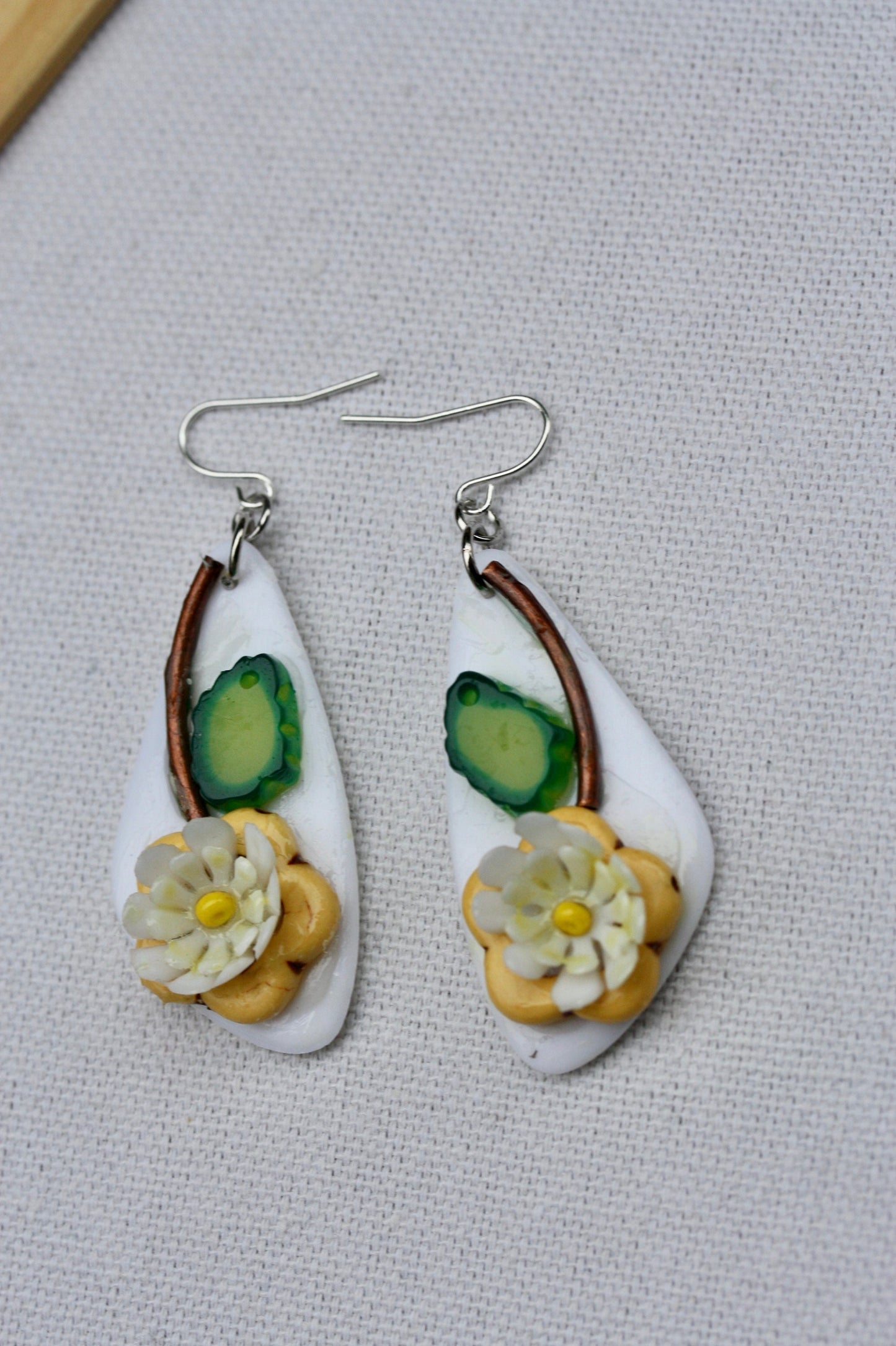 Unique Beadwork collage daisy flower earrings with sterling silver ear wires