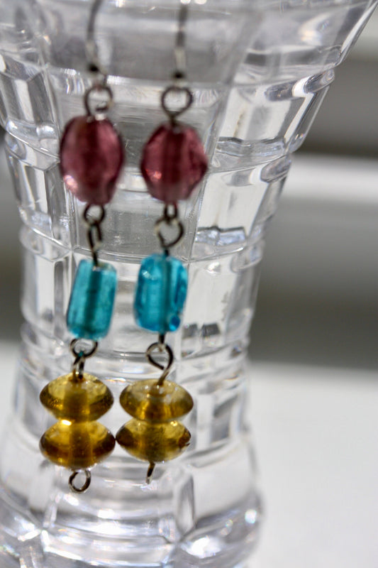 Handmade dangle earrings made of colorful recovered vintage glass