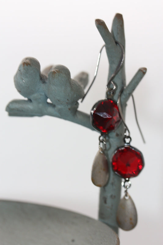 Faceted red glass earrings made of both new and vintage components