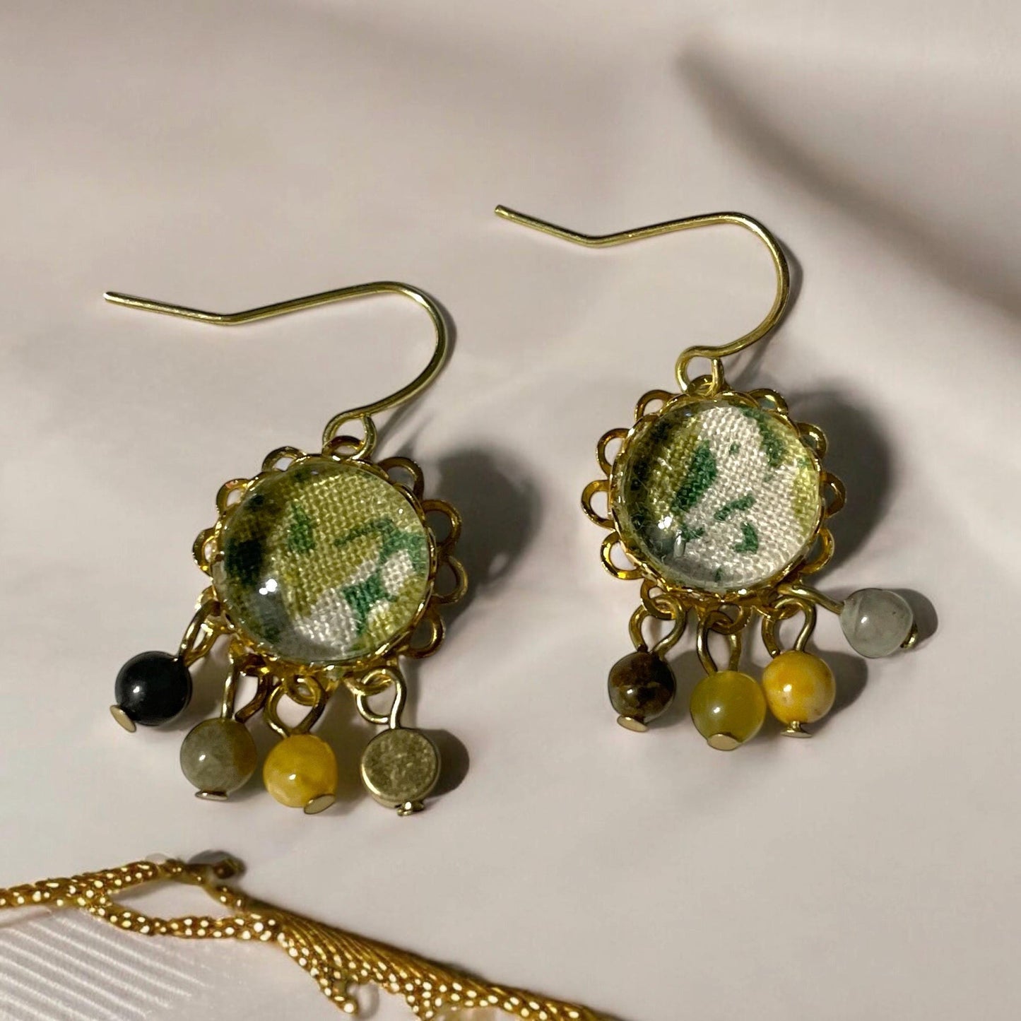 Tiny dangle earrings handmade mixed media earrings made with vintage fabric, glass cabochons, sloped ear wires and tiny dangles
