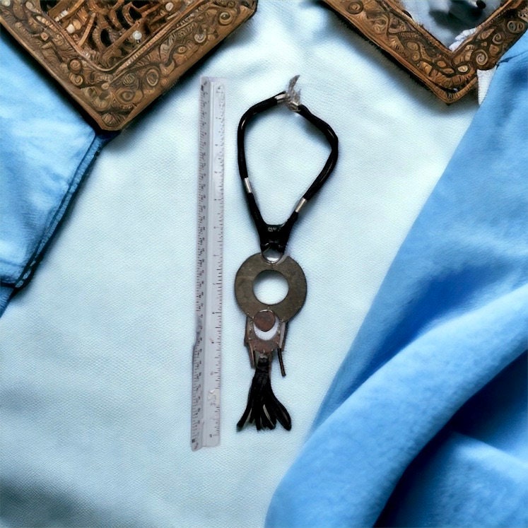 Unique vintage necklace with black suede and silvertone metal