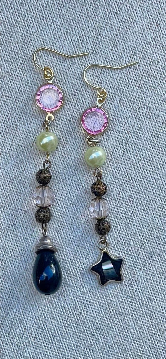 Unique long dangle earrings made with new and vintage materials - pink crystals, faux pearls, metal filigree, sterling silver abalone dangle
