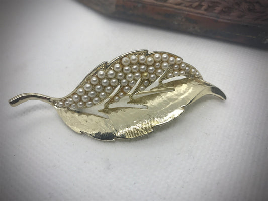 Vintage leaf pin studded with faux pearls