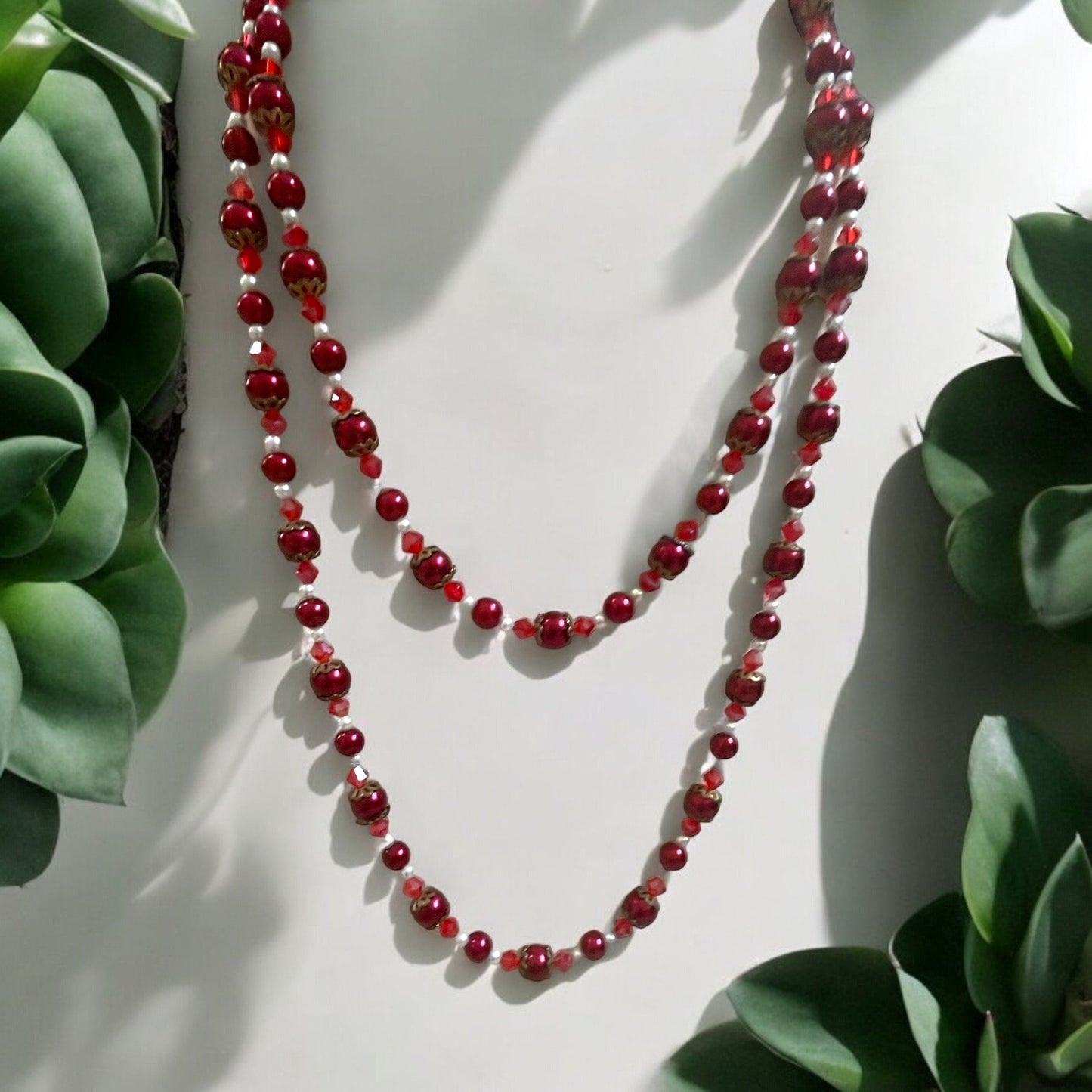 Long vintage red pearl necklace with red bicone crystals and white faux pearls