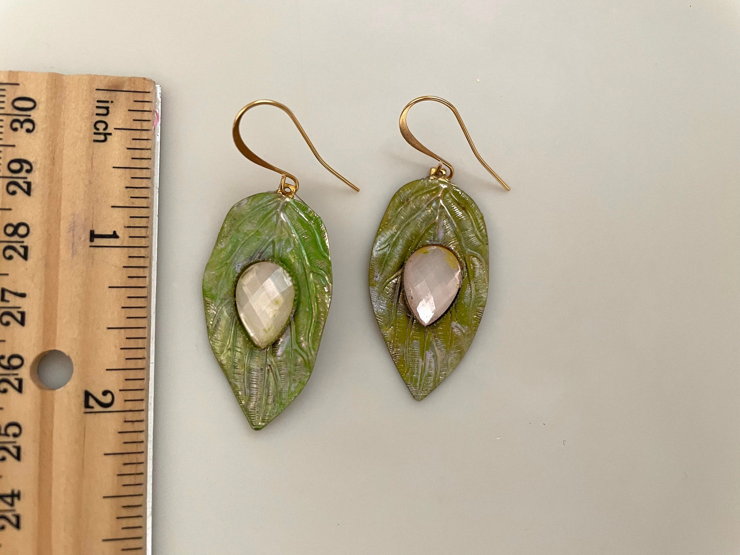 Handmade dangle earrings - Hand painted upcycled vintage leaf earrings with inlaid light pink cabochan