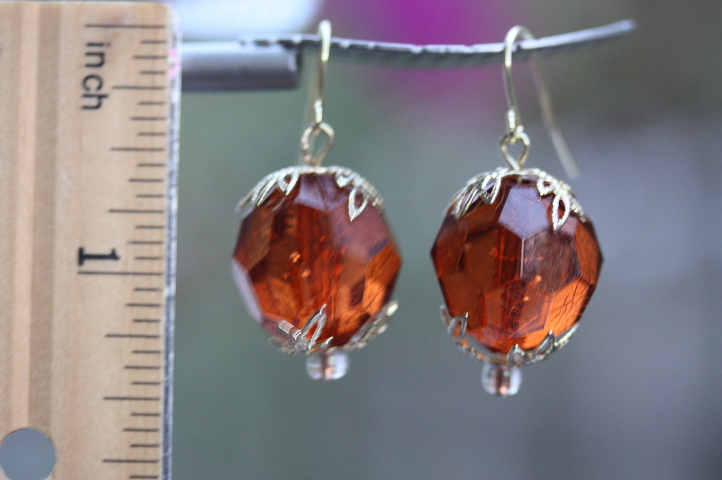 Simple gold faceted crystal dangle earrings with upcycled vintage gold leaf bead caps