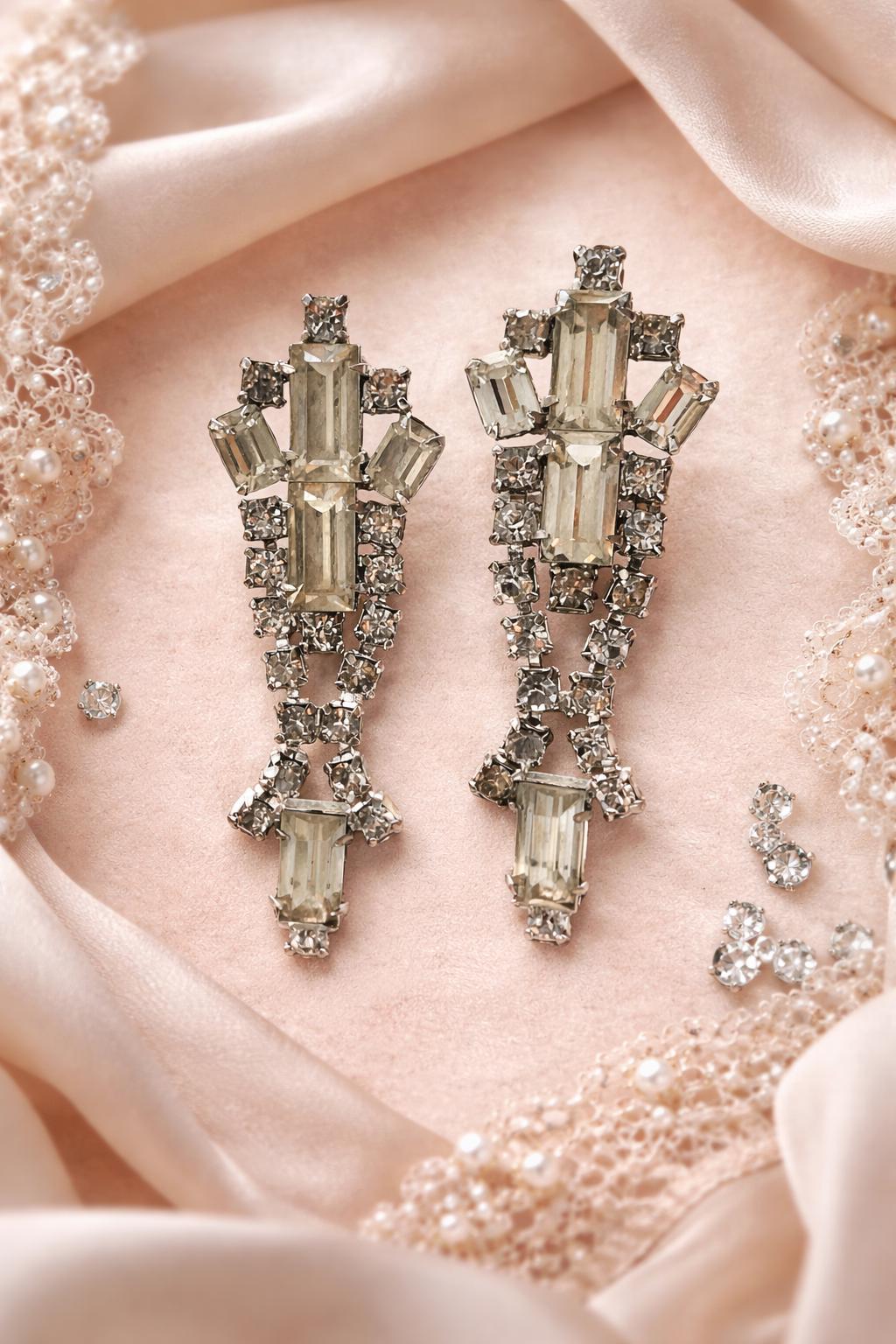 Vintage Rhinestone Clip On Earrings | Clear Baguette & Round Rhinestones | Art Deco Style Statement Earrings | Silver Tone