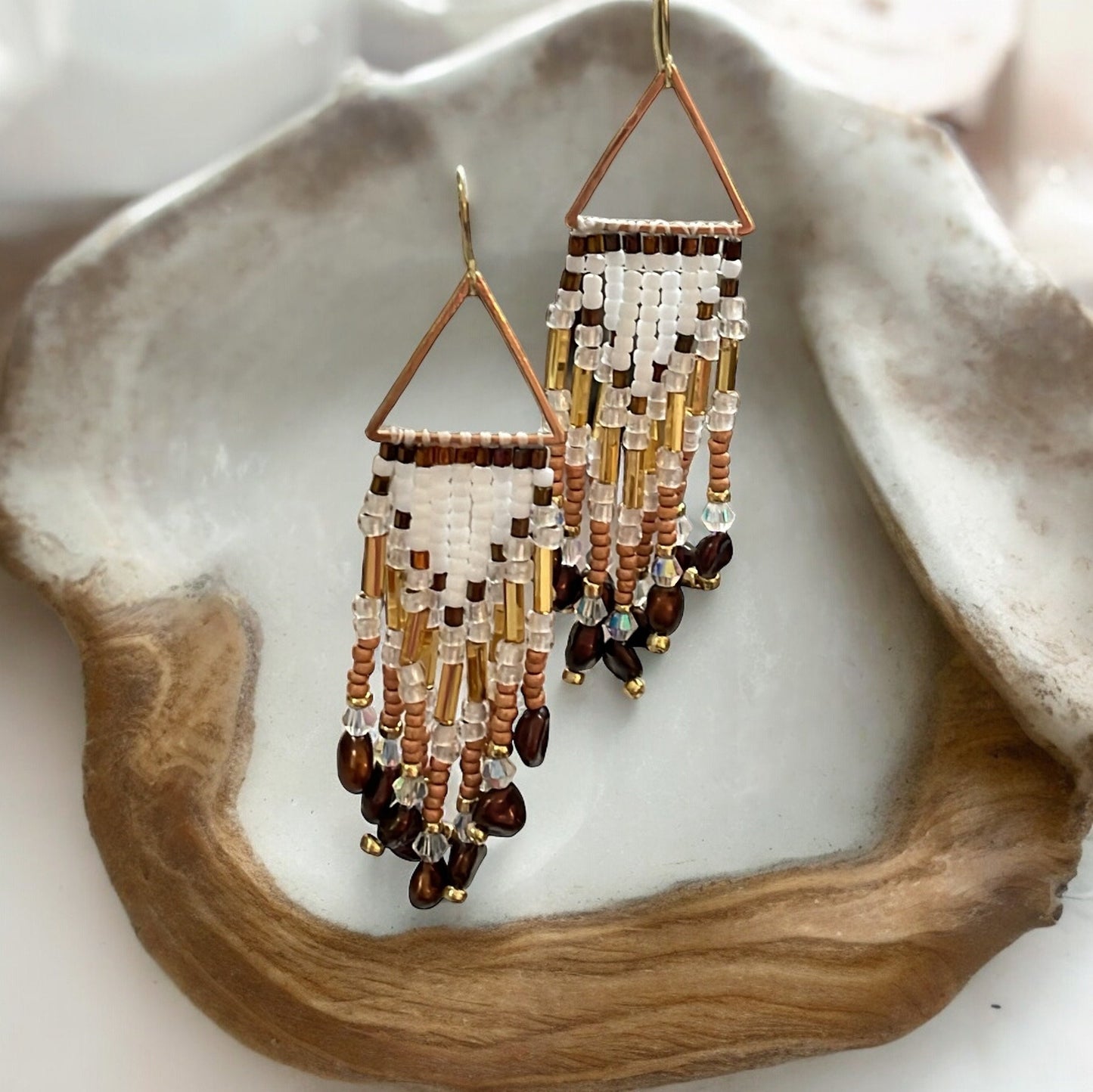 Hand beaded stunning dangle  earrings - earth toned seed beads with copper pearls