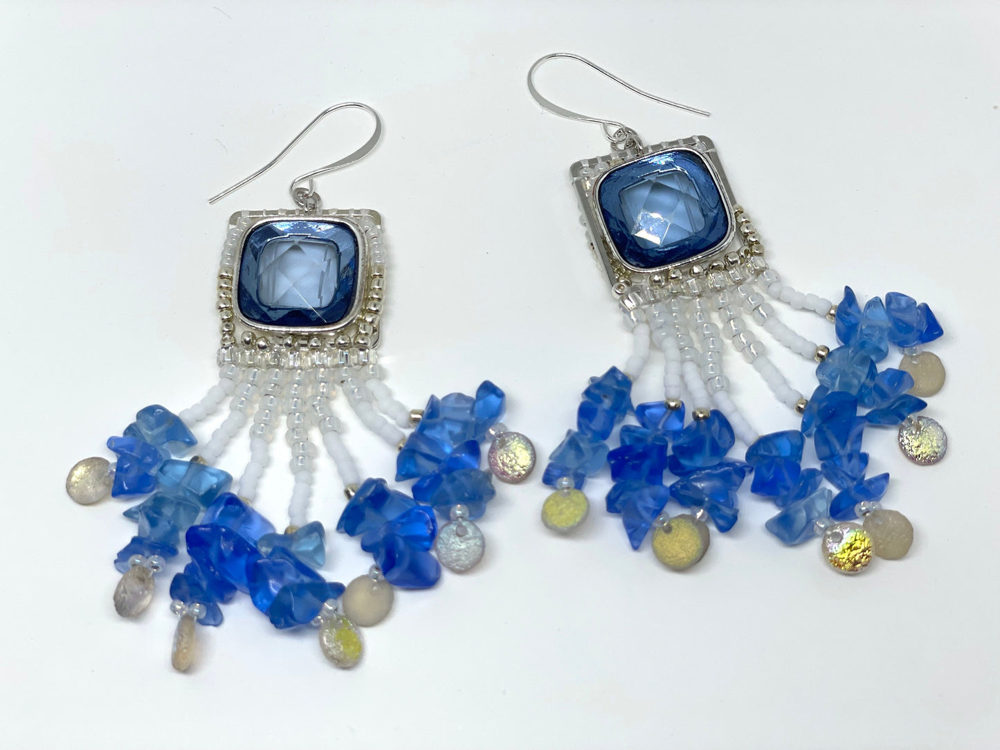 One-of-a-kind mixed material hand beaded dangle beadwork earrings - inspired by the beach - upcycled cabochons, blue glass chips, seed beads