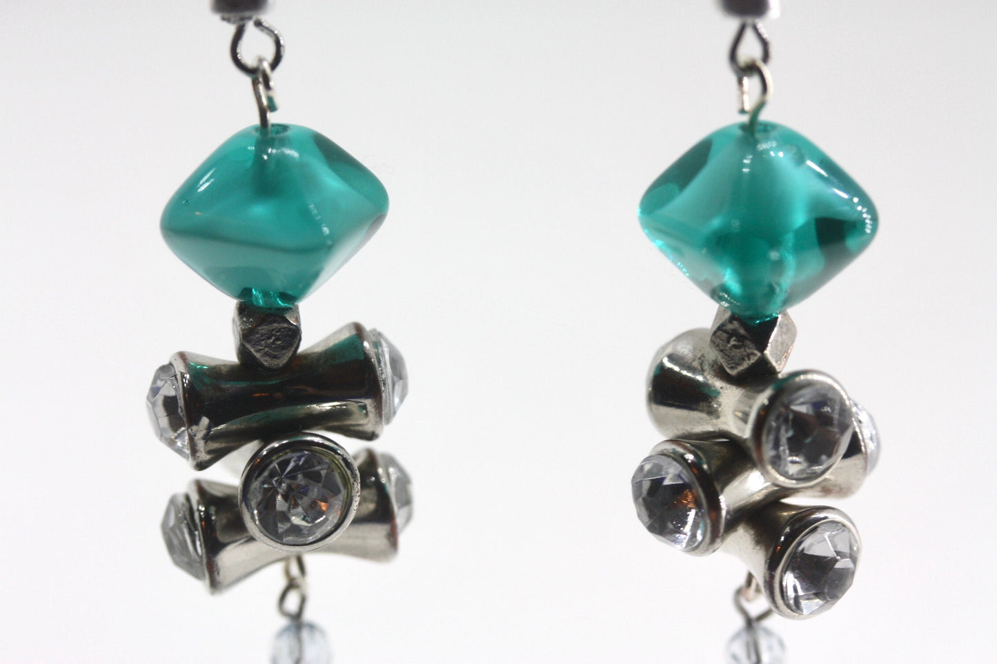Handmade dangle earrings - sterling silver ear wires, turquoise glass, rhinestone vintage beads, crystal drops, hammered silvertone bars