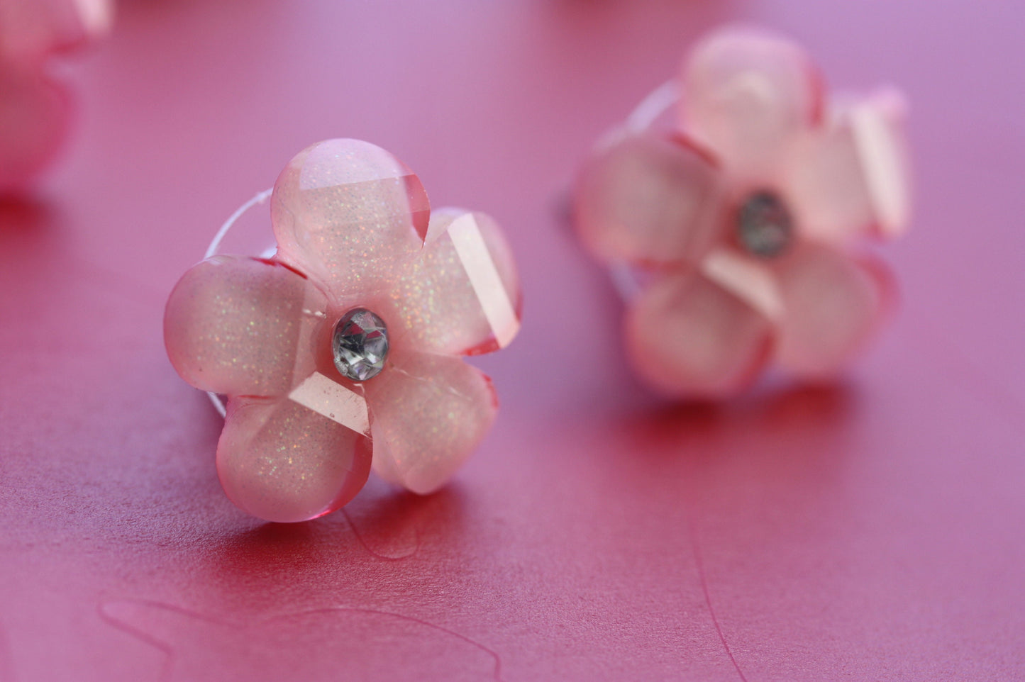 Stud flower earrings with rhinestone centers - dark pink, light pink, ivory - your choice