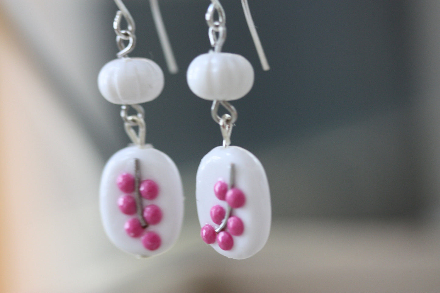 Sweet handmade pink dotted floral dangle earrings