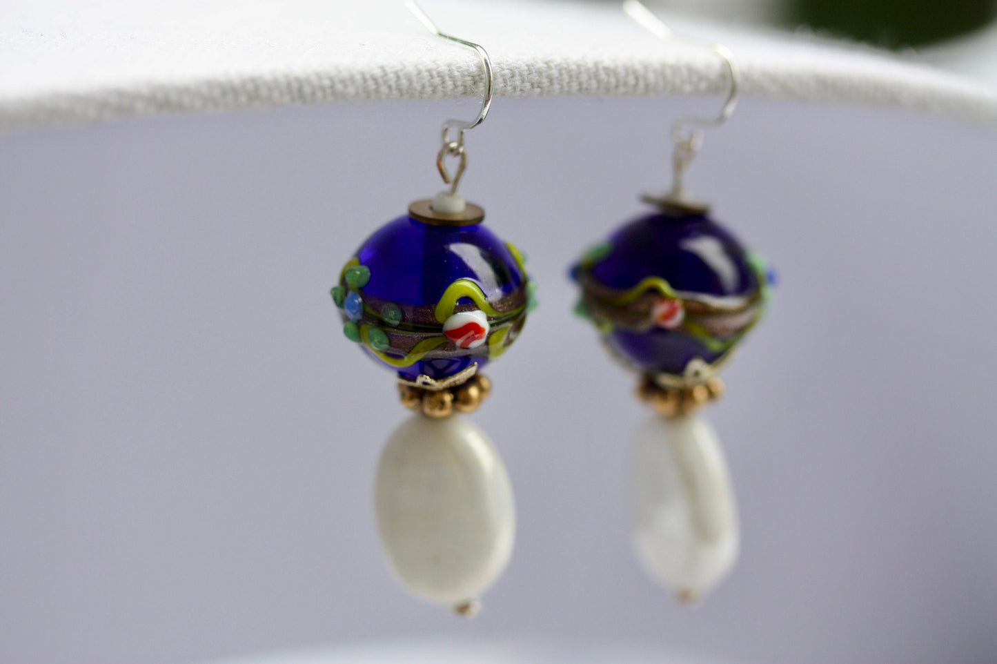 Cobalt blue Birthday cake vintage art glass earrings with white oval vintage glass