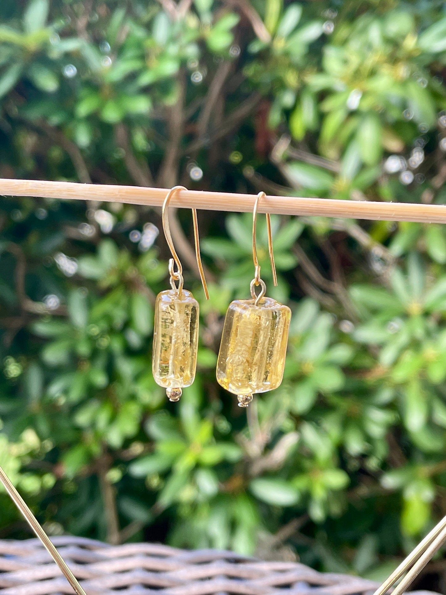 Rectangular yellow golden glass dangle earrings - with sloped ear wires