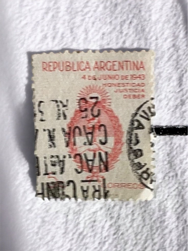 Pendant or pin made from a genuine vintage postage stamp from Argentina