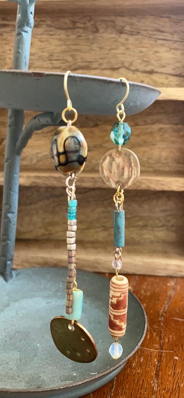 One-of-a-kind handmade mismatched mixed material long dangle earrings - vintage and new material - metal, shell, glass, clay