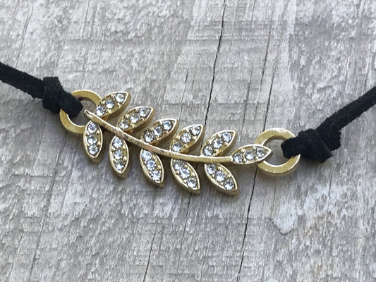 Vintage Rhinestone feather on black vintage necklace