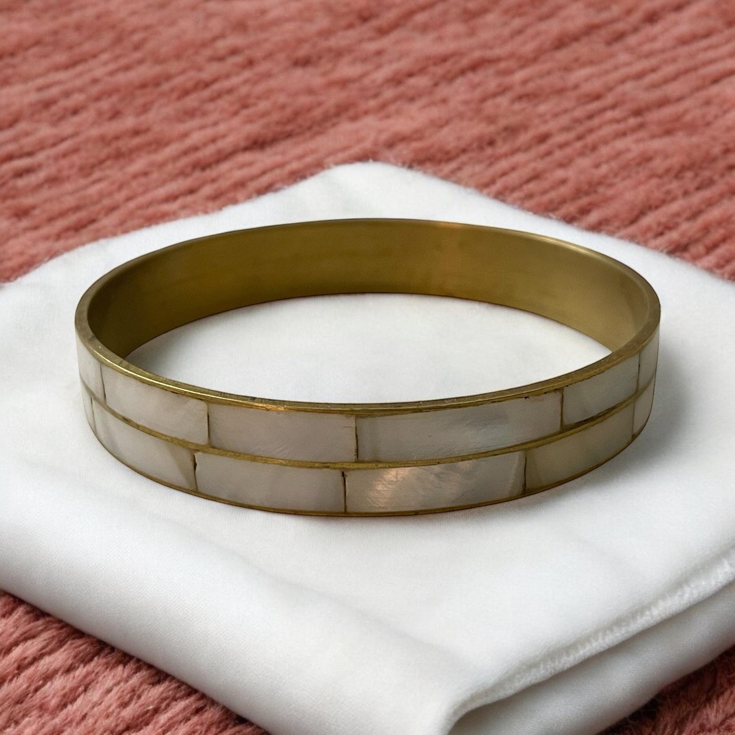 Vintage Bangle Bracelet, Inlaid Mother of Pearl & Brass