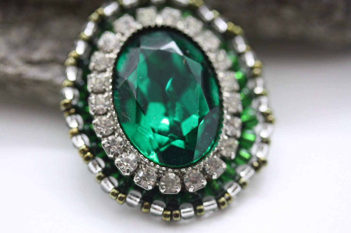 Handmade. mixed material and beadwork emerald green and rhinestone - necklace pendant