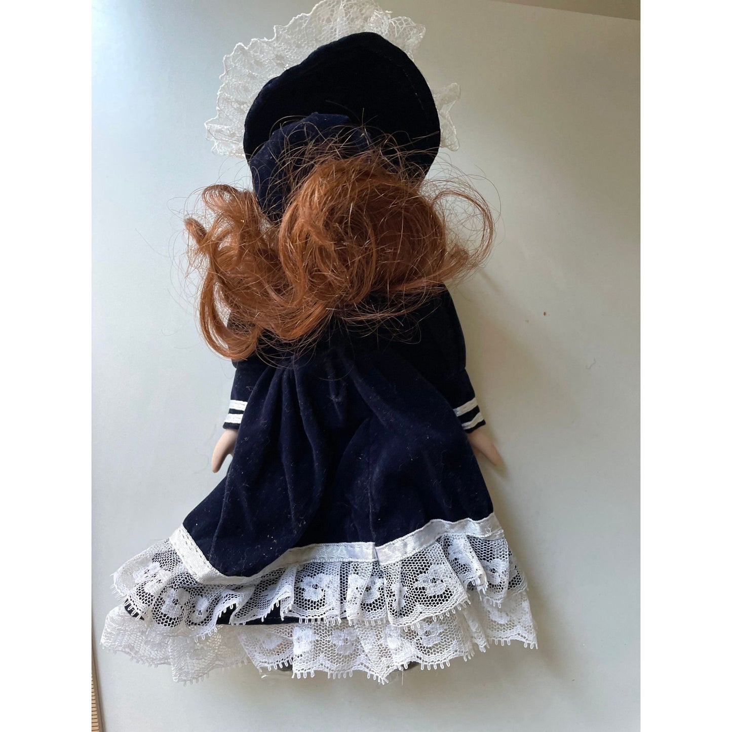 Vintage porcelain doll - red hair, royal blue velvet dress