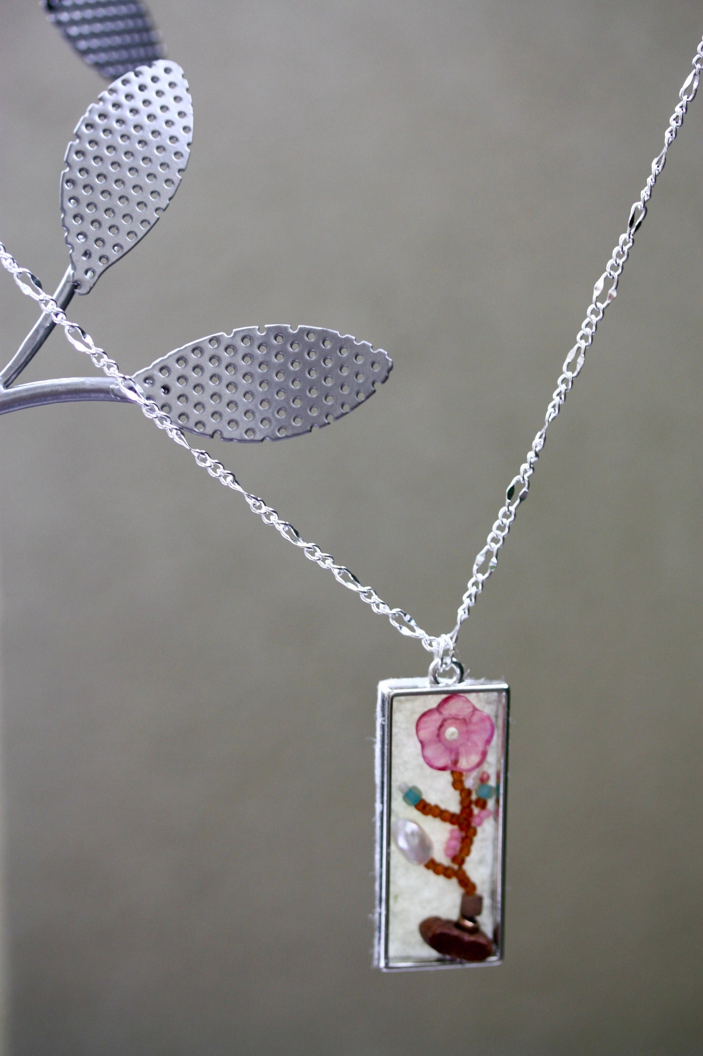 Asian inspired "painting" with beads - mixed material necklace - baroque pearl, glass, wood, metal