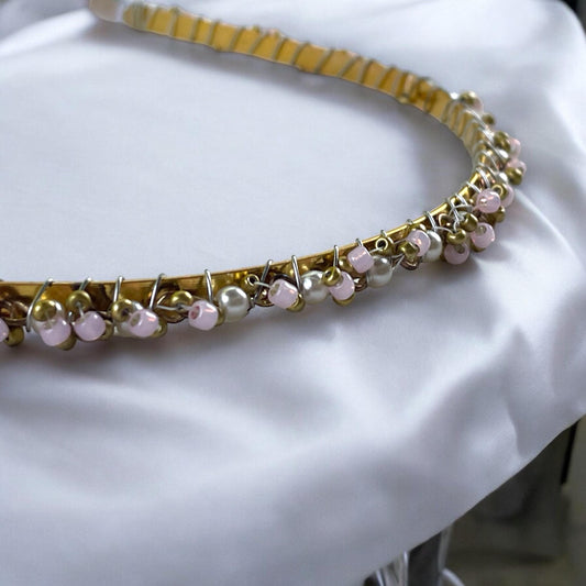 Stunning handmade headband - pearl, rhinestone and pink iridescent moonstone beads on metal base - wedding, bride, formal hair, hairdo, updo