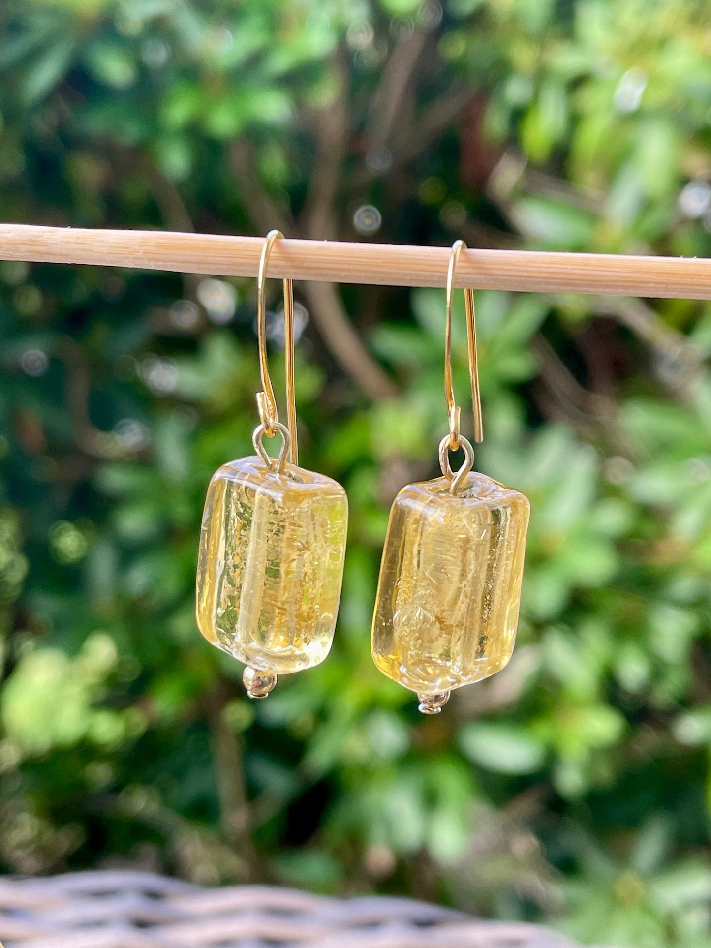 Rectangular yellow golden glass dangle earrings - with sloped ear wires