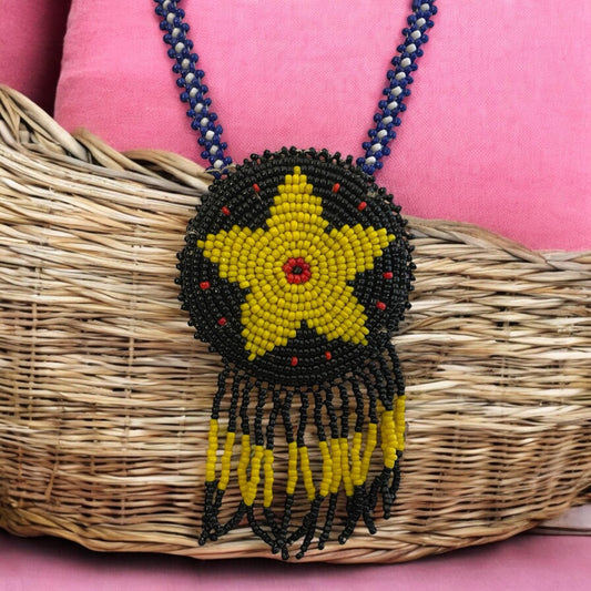 Native American style seed bead beadwork yellow, black and red stunning necklace