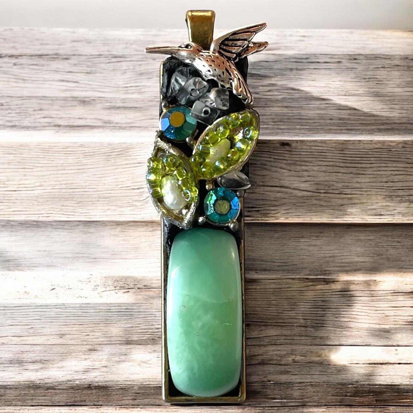 Handmade Mosaic Necklace with Jade Stone, Rhinestones, Pearl & Metal Trim, Flying Hummingbird Pendant, Unique Artisan Jewelry Gift