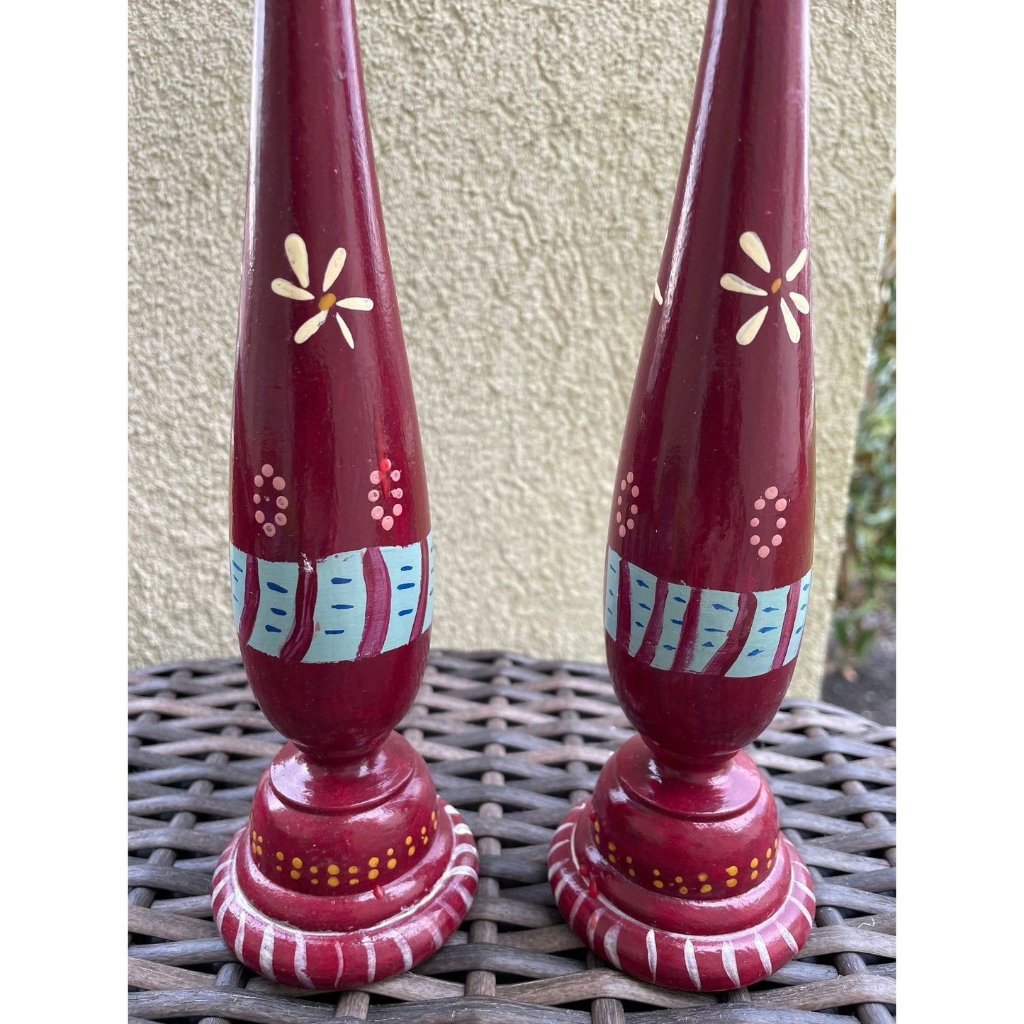 Charming vintage painted wood candlestick holders - folk art style