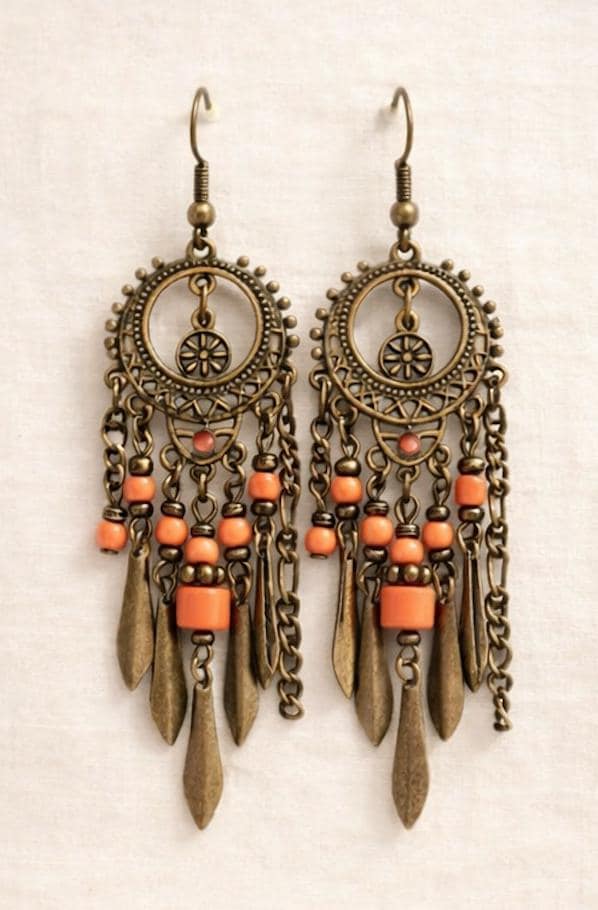 Boho Chandelier Earrings • Coral Bead Dangle Earrings • Faux Antique Brass • Bohemian Statement Earrings • Long Drop Earrings 3.25" long