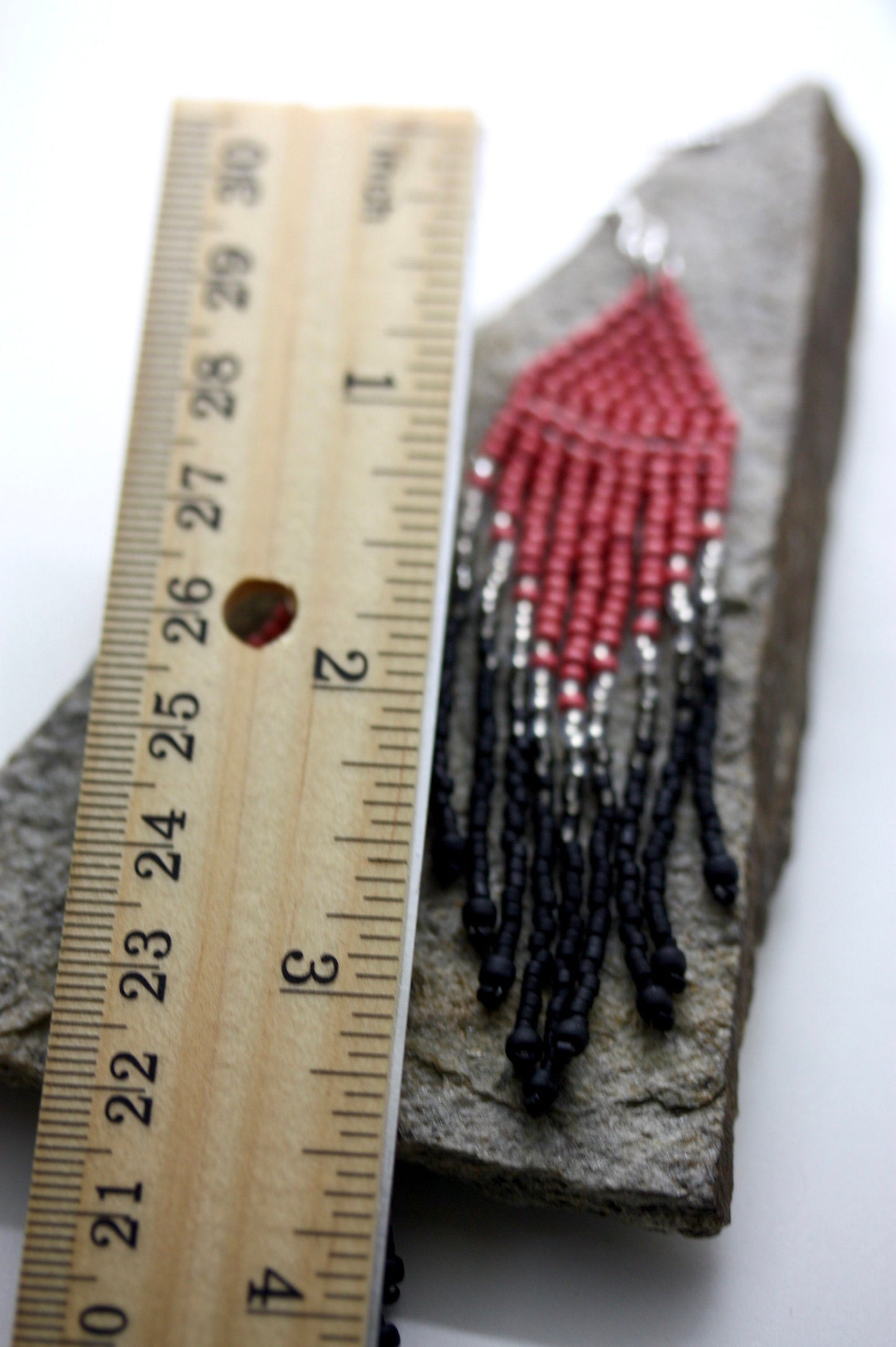 Hand beaded Native-American-Style stunning dangle beadwork earrings - pink, silver and black