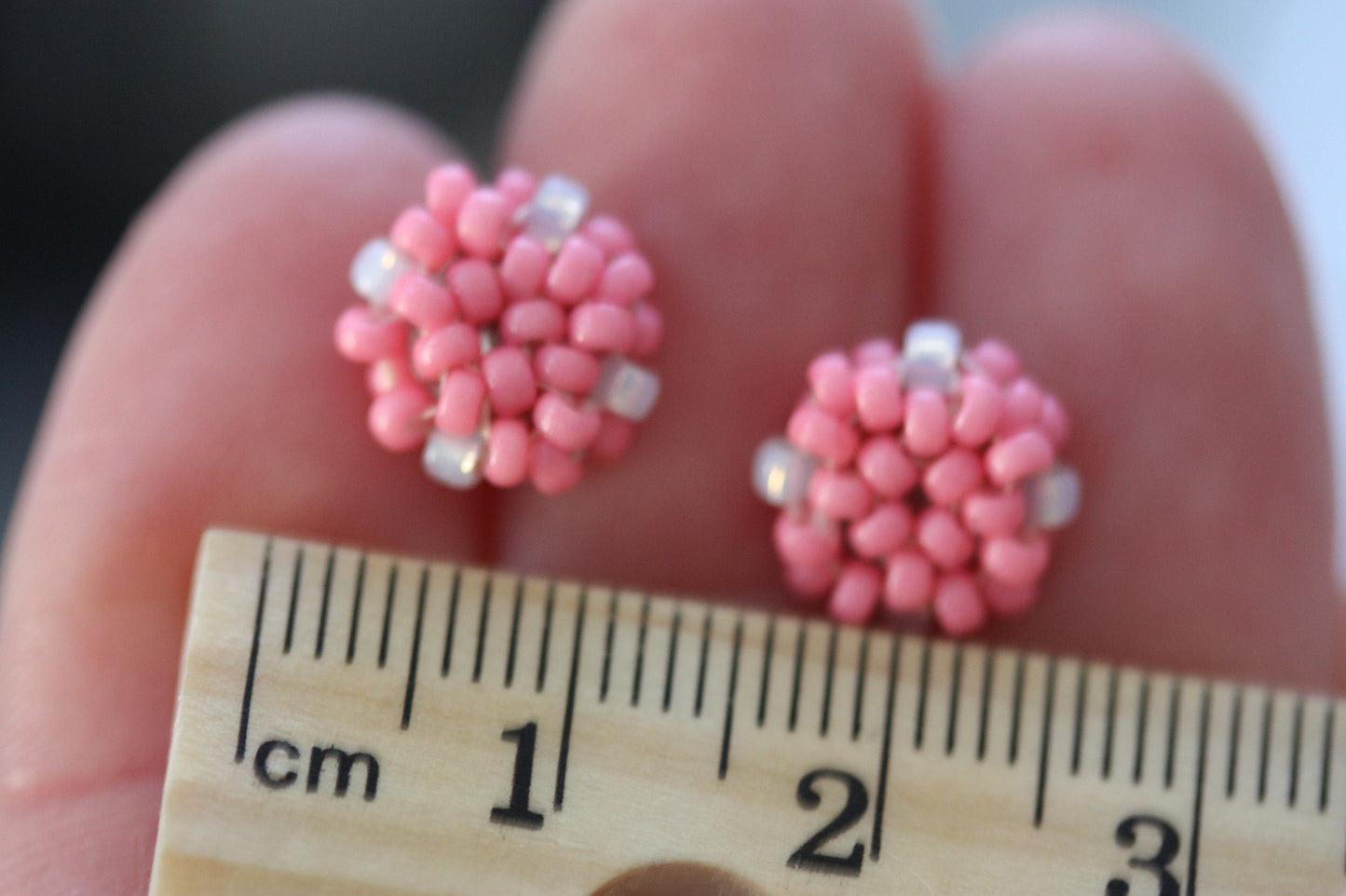 Hand beaded stud earrings - pink and white - studs, beadwork studs, beaded studs