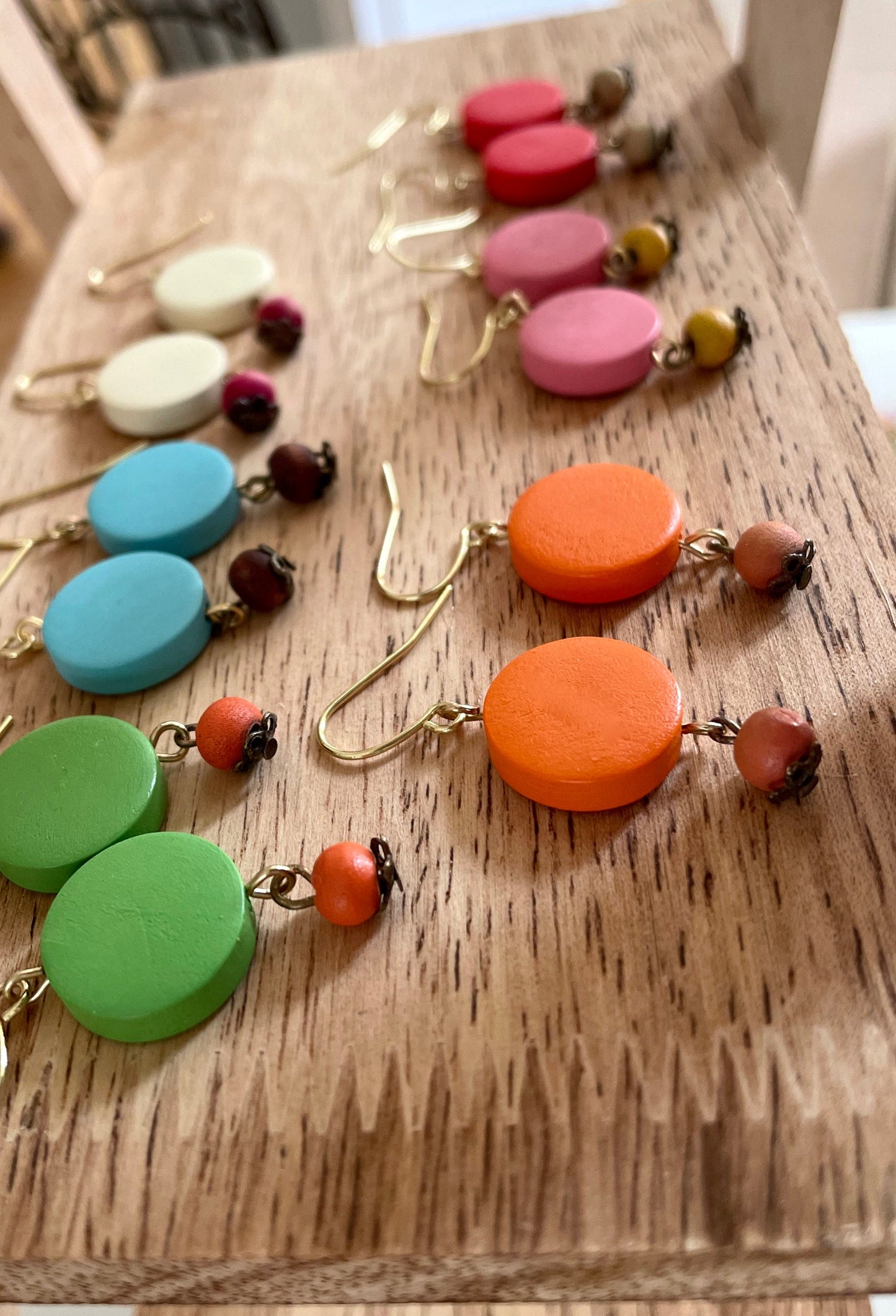 Colorful round wooden fun dangle earrings - your choice of color combos