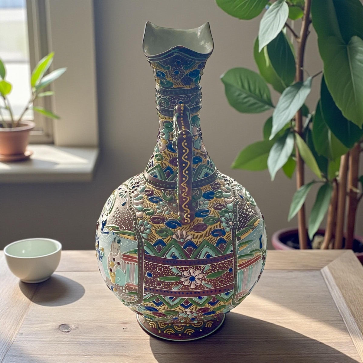 Antique Japanese Satsuma Moriage Pitcher | Hand Painted Figural Ewer Vase | Raised Enamel Gold Gilt | Meiji Style Art Pottery