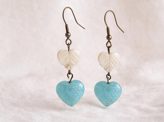 Vintage Aqua Glass Heart Earrings • Carved Mother of Pearl Leaf Dangles • Blue textured Glass Heart Drops • Romantic Cottagecore Jewelry