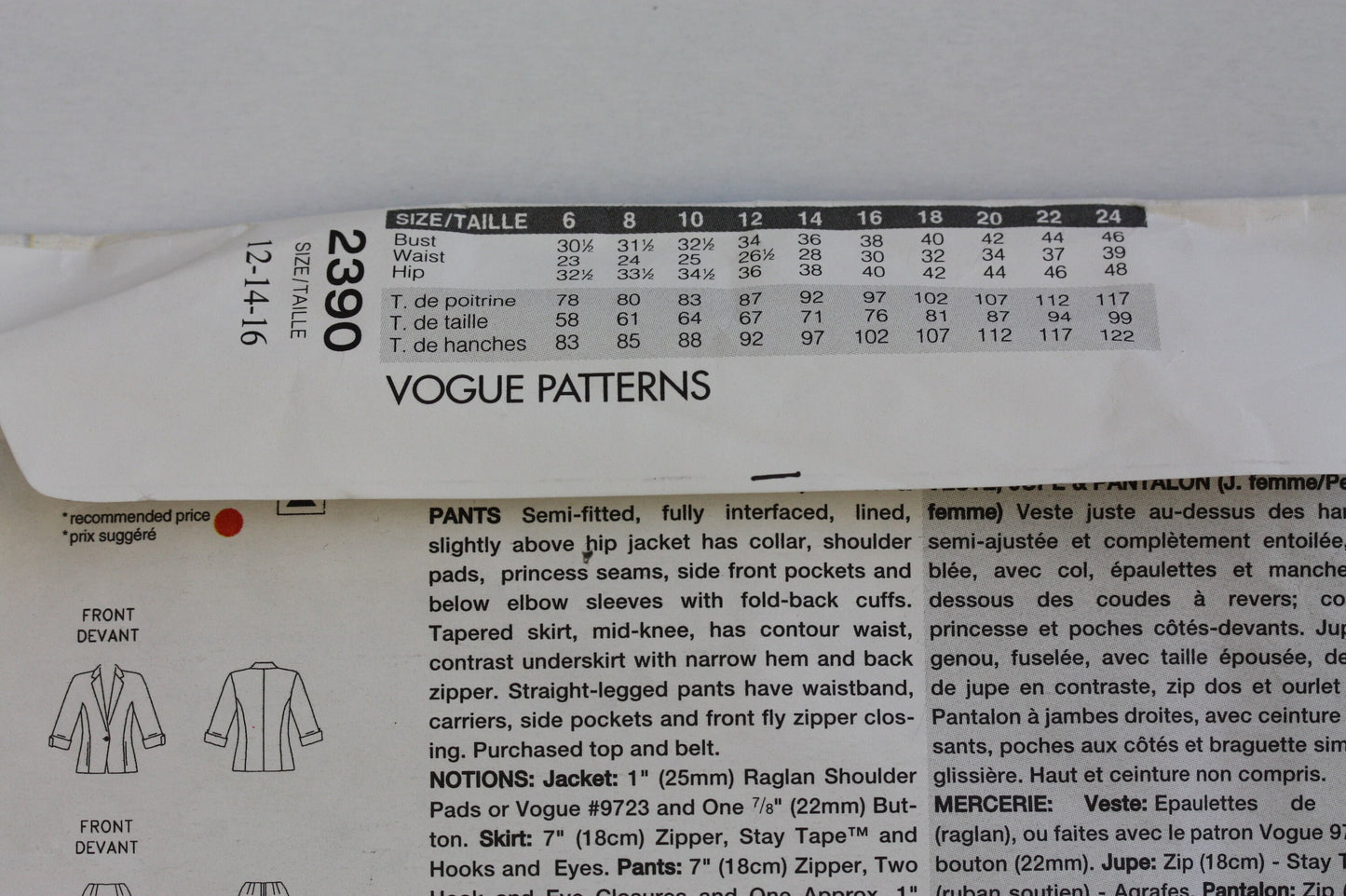 UNCUT Sewing Pattern -  Vogue American Designer pattern 2390 - Anne Klein - Jacket, Tiered Skirt and Pants - Sizes 12, 14, 16