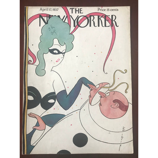 Rare - April 17, 1937 - The NEW YORKER Magazine original cover by Rea Irvin - masquerade party, removing a mask - please read description