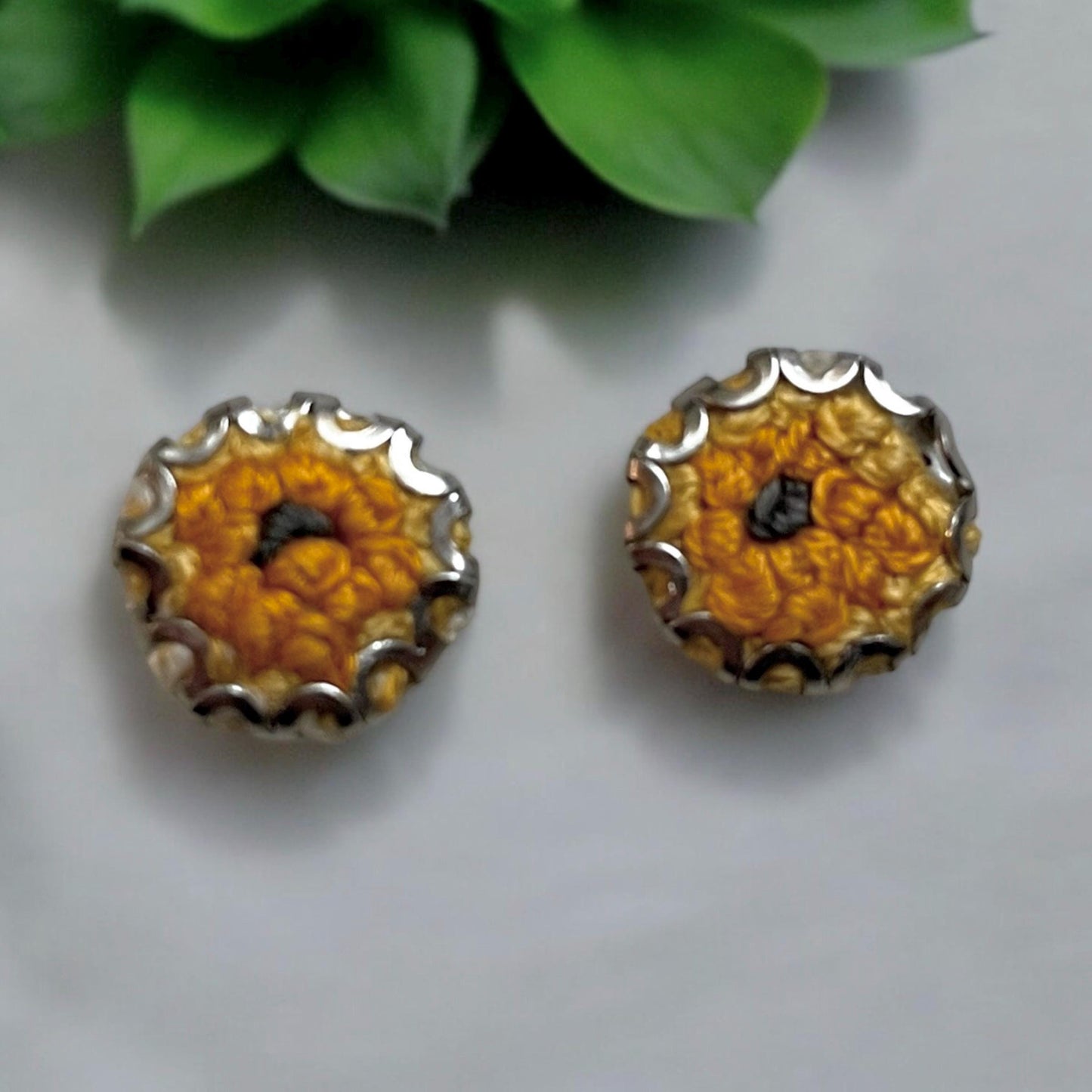 Unique stud earrings made of upcycled vintage embroidery