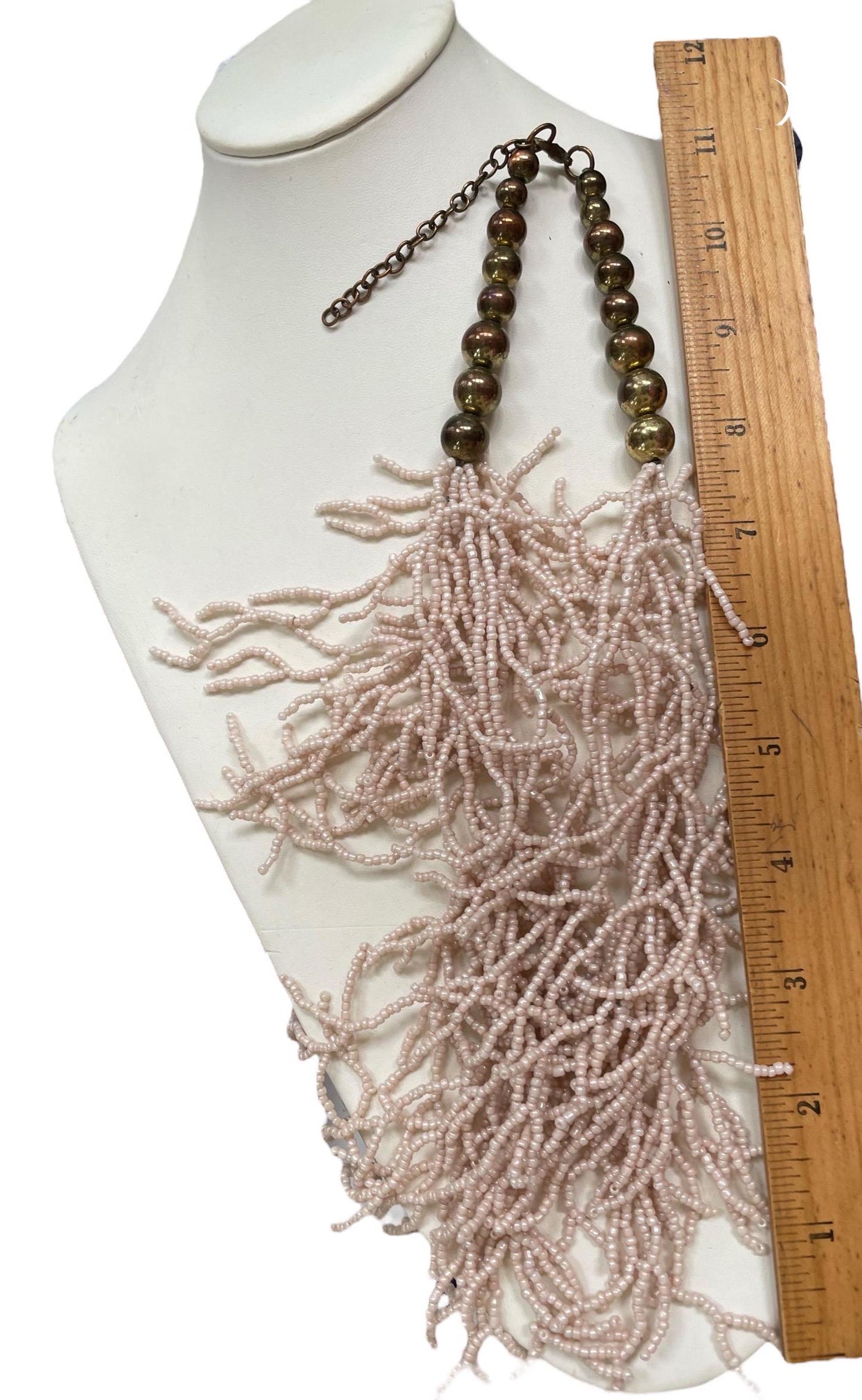 Stunning Cream Color Beaded Fringe Statement Necklace with hundreds of tiny glass seed beads