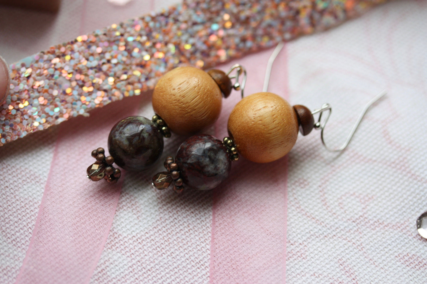 Marble and wood beaded handmade dangle earrings with vintage, upcycled and new elements