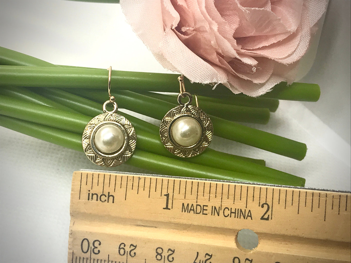 Handmade earrings with upcycled faux pearls